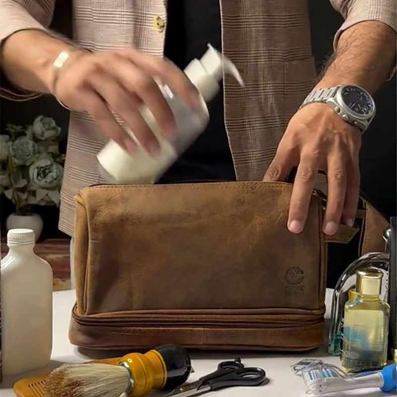 Leather Toiletry Bag for Men - Travel Shaving Dopp Kit - Bathroom Shower Toiletries Organizer - Cosmetic Make up Bag for Women | 2 Compartments, YKK Zipper, Fits Carry-Ons; Gifts for Father, Husband; Cologne Organizer, Shaving Bag, Water Resistant Lining