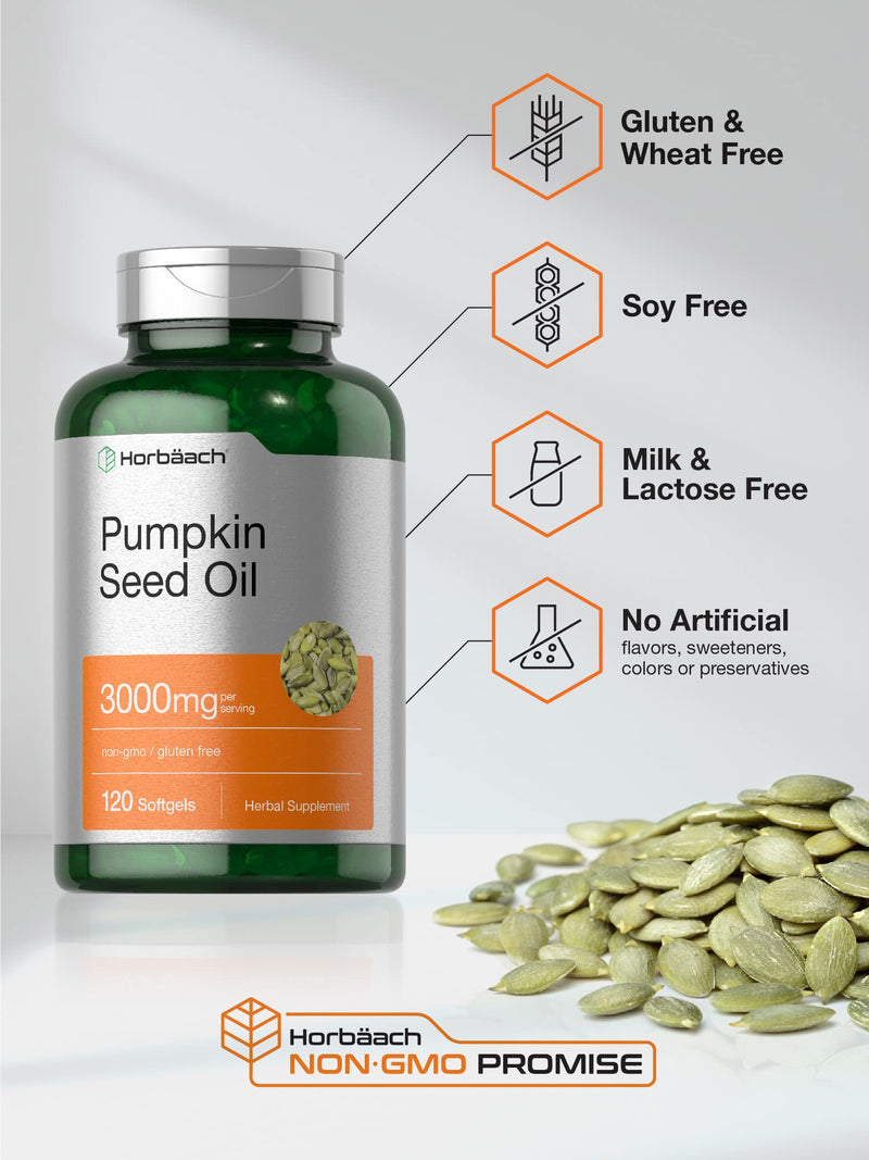 Horbäach Pumpkin Seed Oil | 3000mg | 120 Softgel Capsules | Cold Pressed Dietary Supplement | Non-GMO and Gluten Free Formula