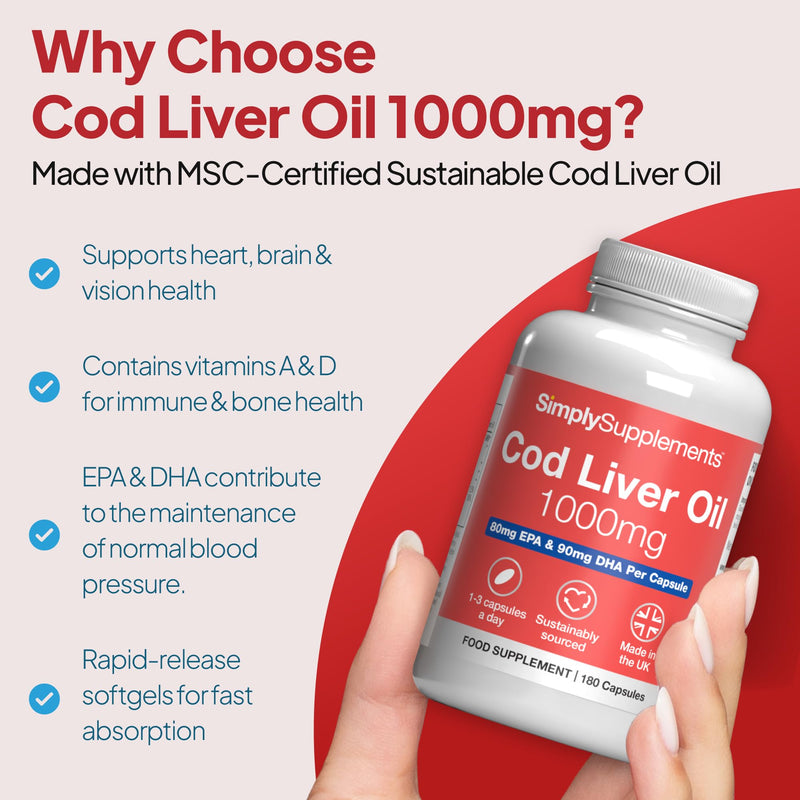 Pure Cod Liver Oil 1000mg | Supports Heart, Brain, Vision & Immune Health | 240mg of EPA and 270mg of DHA per Serving | 360 Capsules | Made in The UK | Made with MSC-Certified Cod Liver Oil New Label Design