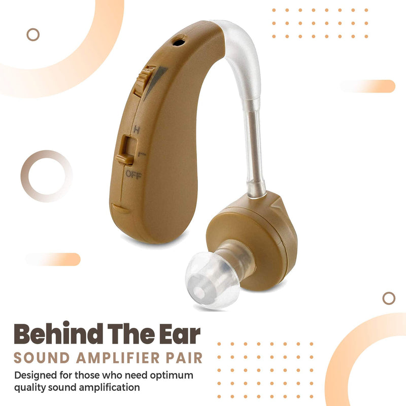 Digital Hearing Amplifier - BTE Behind The Ear Sound Amplifier Pair and Personal Sound Enhancer Set with Noise Reducing Feature That is Smaller & Discreet - Ready to Wear in Any Left or Right Ear