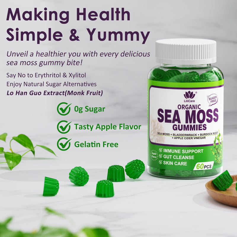 [Australia] - Sea Moss Gummies - Irish Sea Moss Gummies for Adults & Kids - Advanced Superfood Seamoss Supplement with Organic Bladderwrack & Burdock Root ExtractÔºåACV for Daily Immune, Gut Cleanse, Vegan, 60 Counts 60 Count (Pack of 1) 
