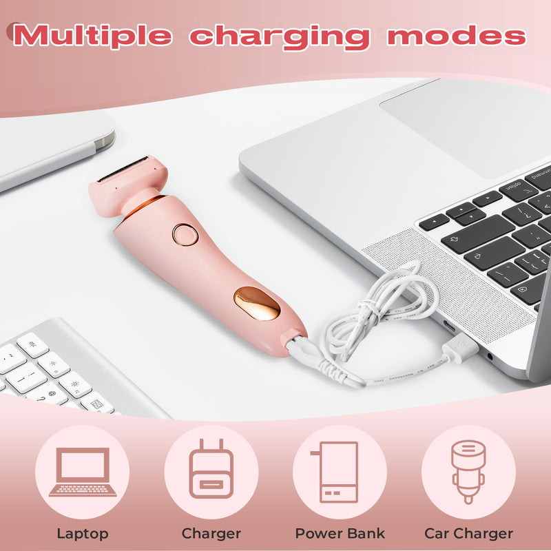 [Australia] - Livora Electric Shaver for Women,2 in 1 Wet & Dry Painless Hair Removal with 2 Removable Heads,Rechargeable Cordless Womens Razor for Bikini,Legs,Arms,Underarm Area,IPX7 Waterproof(Pink) Pink 