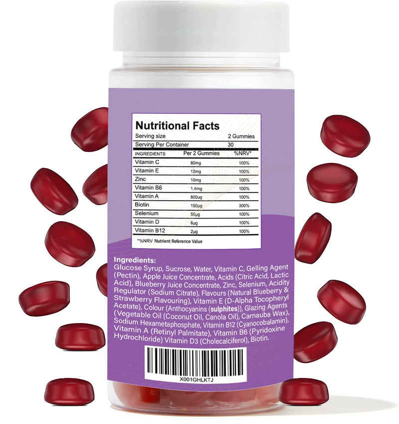 Hair, Skin & Nail Beauty Gummies - Biotin, Zinc, Vitamin D3, Selenium, Vitamin C - Vegetarian Berry Chewable Gummies - Gluten, Dairy, Soy & GMO Free (60 gummies) 60 count (Pack of 1)