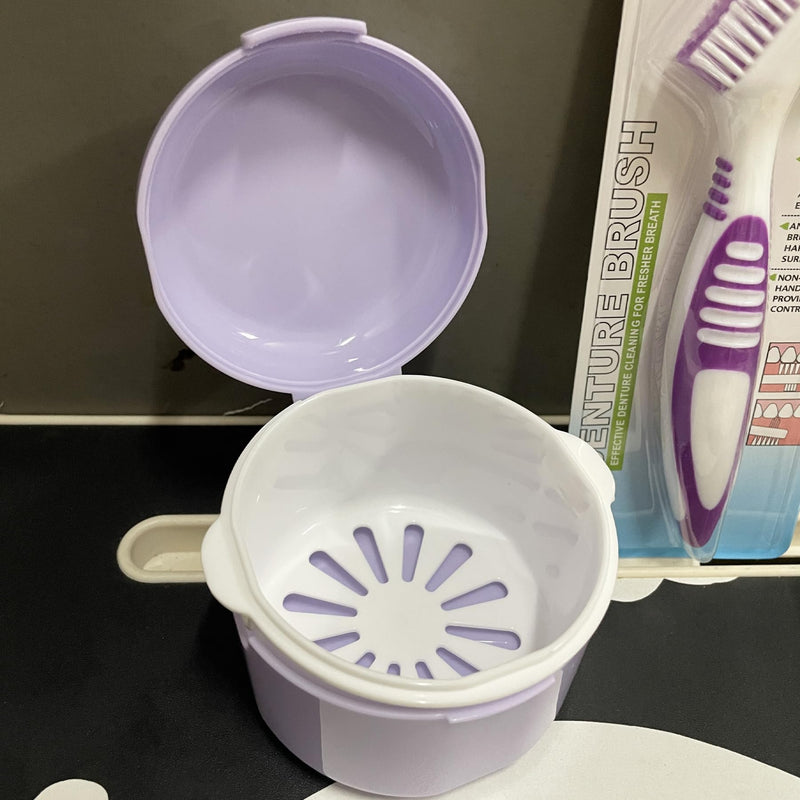 [Australia] - Denture Bath Case Cup Box Holder Storage Container with Denture Cleaner Brush Strainer Basket for Travel Cleaning(Purple) Purple 