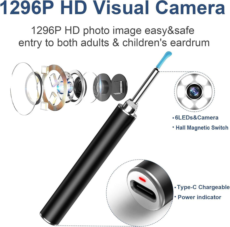 [Australia] - Glracd Earwax Remover Otoscope, 1296P Wifi Otoscope with Light and Camera, Ear Camera IP67 Waterproof, 3.5mm Lens Ear Cleaner with Camera with 6 Silicone Ear Spoons for iOS and Android Ct01 