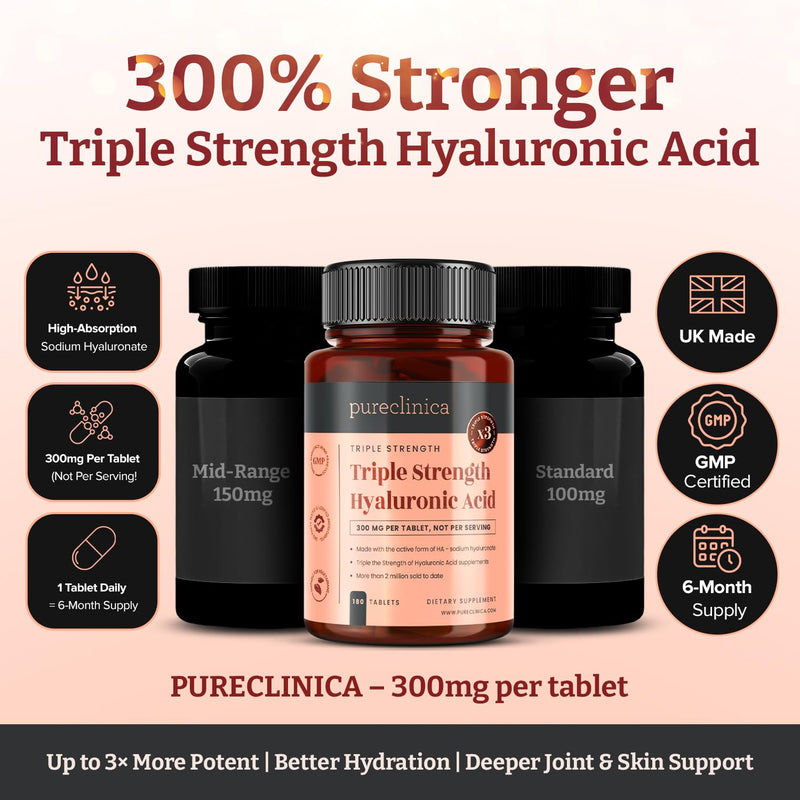 Triple Strength Hyaluronic Acid 300mg x 360 Tablets (2 Bottles of 180) - 12 Months Supply. 300% Stronger Than Any Other HLA Tablet. 180 count (Pack of 2)