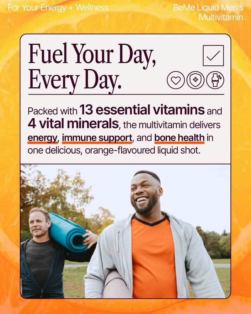 BeMe Liquid Multivitamins for Men - Advanced Liquid Delivery System with 13 Vitamins & Minerals - Tear & Go Sachets, Non-GMO, Orange Flavor (30 Sachets) Orange - Men 21 Fl Oz (Pack of 1)