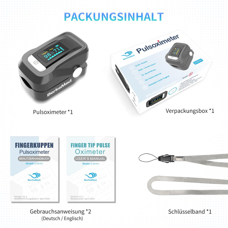 [Australia] - BerkeMed pulse oximeter, oxygen saturation measuring device finger, with OLED screen and lanyard, for children, adults, elderly, families and hospitals 