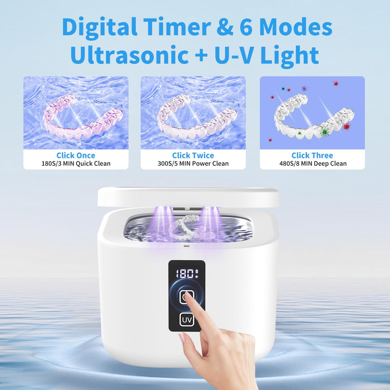 [Australia] - Ultrasonic Retainer Cleaner Machine, 48KHz Dental Cleaning Pod for Denture, Mouth Guard, Aligner, Night Guard, Braces, Toothbrush Heads, Jewelry with Digital Timer & 6 Modes, 13oz Capacity, White 