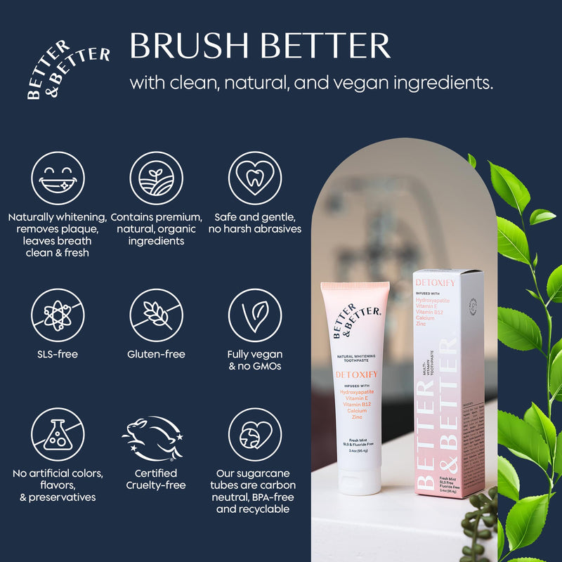 Better & Better Detoxify | Hydroxyapatite Whitening Toothpaste with Zinc | including Vitamins E, B12 | Fluoride-Free, SLS-Free | Remineralizing, 3.4oz 3.4 Ounce (Pack of 1)