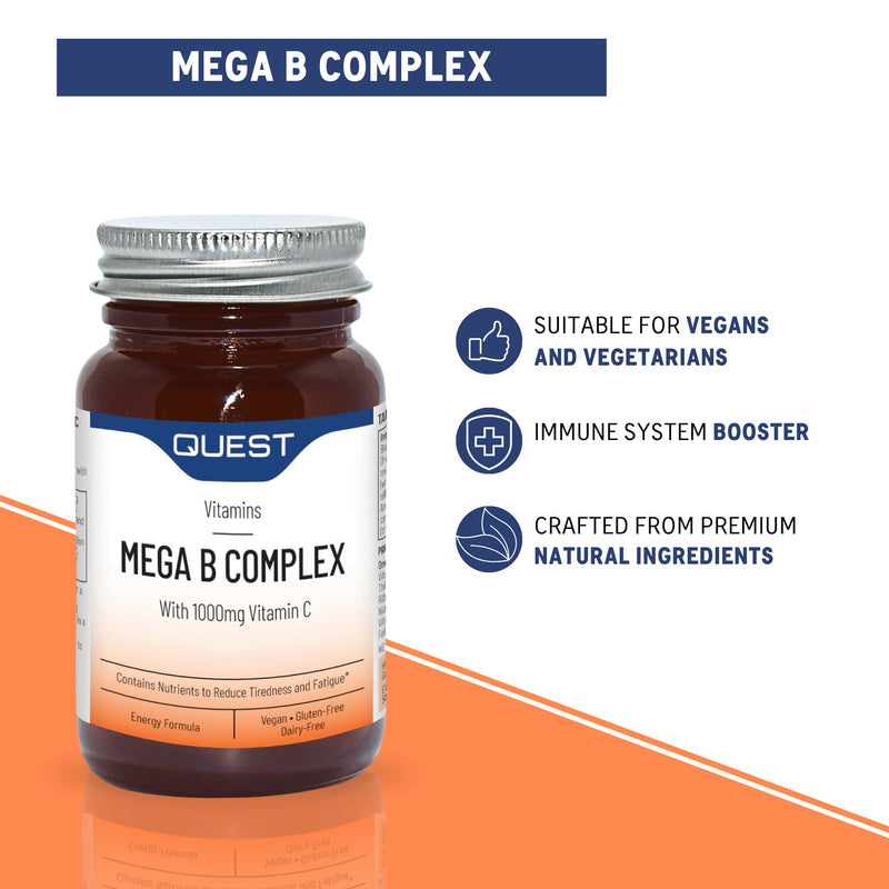 Quest - 60x Mega Vitamin B Complex Tablets. High Strength Vitamin B1-B2-B3-B6-B12, Biotin & C Supports Energy Production, Stress Response, Immune System & Brain Function (1 Pack) 60 count (Pack of 1)