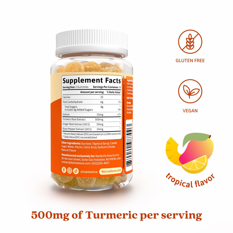 [Australia] - BeLive Turmeric Curcumin with Black Pepper & Ginger - 500 mg of Turmeric and Ginger Supplement for Immune Support, Healthy Skin, and Mobility - Tropical Flavor | 60 Count 60 Count (Pack of 1) 