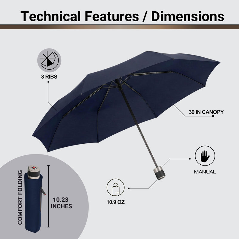 Knirps C.041 Chrome Matt Manual Rain Umbrella for Adults – Vegan Leather Handle, Wind Resistant Design, Lightweight Steel Fiberglass Frame, 39in Canopy, Protective Sleeve Included Navy