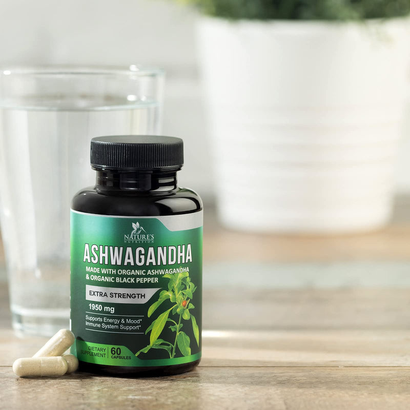 [Australia] - Nature's Nutrition Organic Ashwagandha Capsules Extra Strength 1950mg - Stress Support Formula - Natural Mood Support - Focus & Energy Support Supplement - 60 Capsules 60 Count (Pack of 1) 