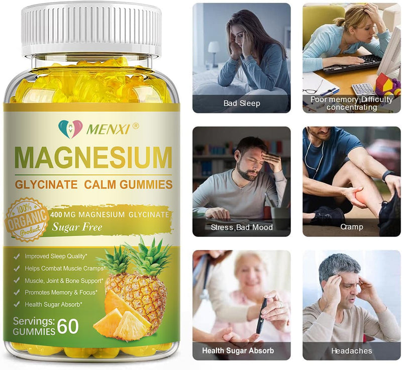 Magnesium Glycinate Gummies 400mg, Sugar Free Magnesium Taurate, Malate Supplement with Vitamin D, B6, CoQ10 for Relaxation, Stress Relief, Muscle, Bone & Sleep Support- 60 Pineapple Gummies 60 Count (Pack of 1)