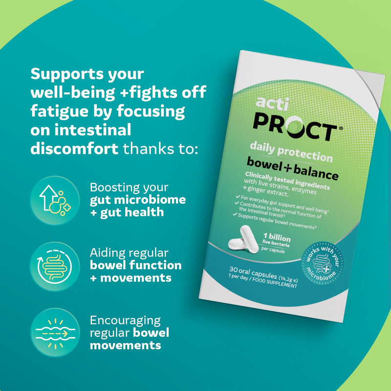 Probiotics for Bowel Balance & Gut Health – Food Supplement with 1 Billion CFU with Live Strains, Enzyme and Ginger Extract – Supports Regular Bowel Movements – 30 Vegan Capsules – ActiProct