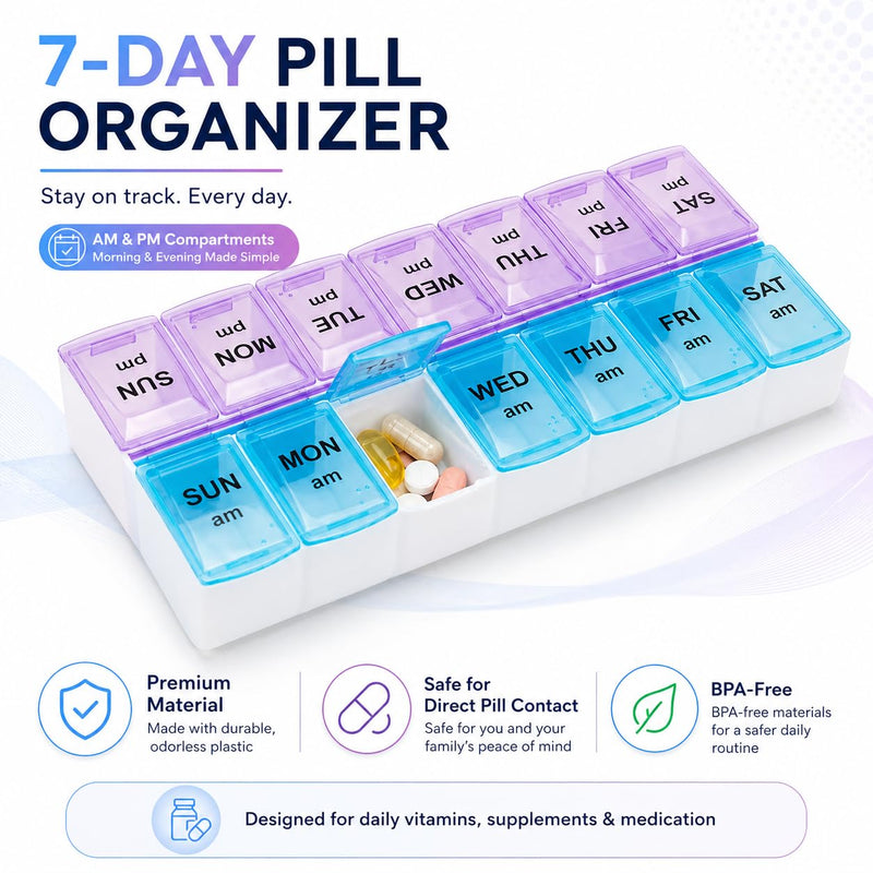 4 Packs Extra Large 7 Day Pill Organizer AM PM, Weekly Pill Box Twice a Day, Daily Medication Dispenser and Pill Case for Vitamins, Fish Oil, Supplements (Purple/Blue) Blue & Purple 4