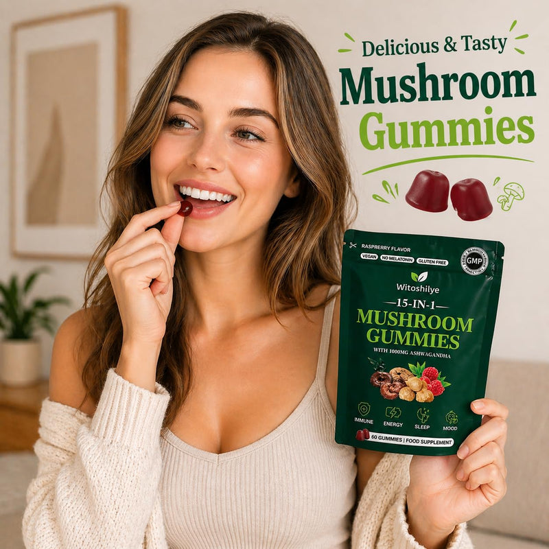 15-in-1 Mushroom Gummies with Lion’s Mane: Enhance Focus & Energy Mushroom Supplement, for Women and Men, Reish, Raspberry Flavor, 60 Gummies