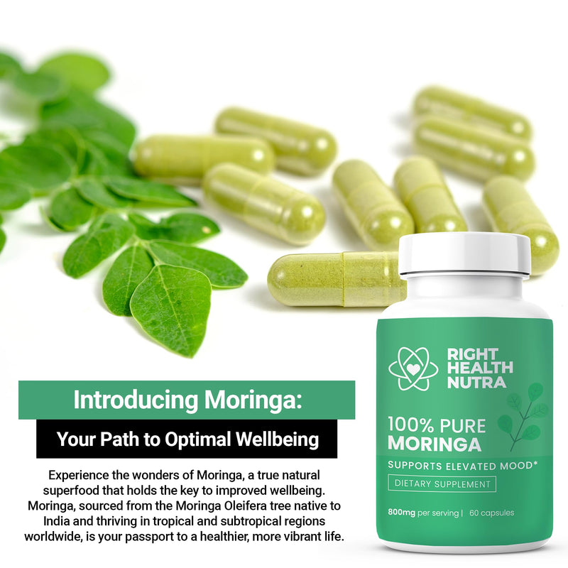 Right Health Nutra - 100% Pure Moringa 800mg - 60 Capsules - Dietary Supplement for Brighter Mood, Enhanced Concentration, and Fortified Memory - with Vitamins, Minerals, and Nourishing Nutrients