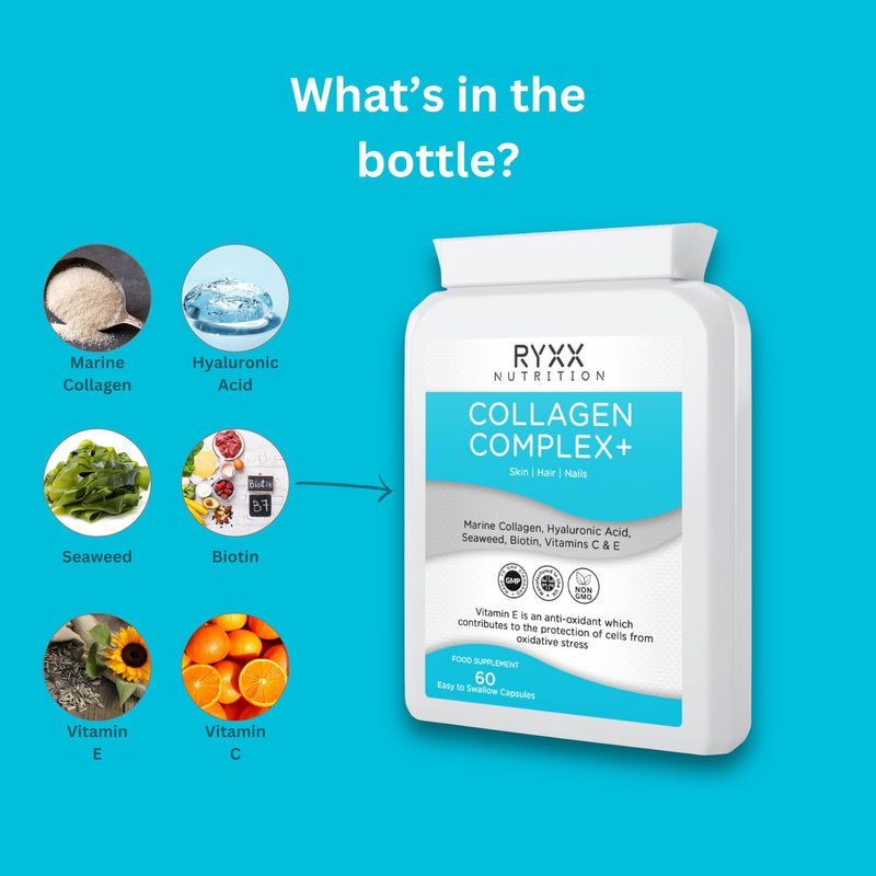 Collagen Complex+ | Marine Collagen Supplement with Hyaluronic Acid, Biotin, Vitamin C & E | Skin, Hair & Joint Support | 60 Capsules | Made in the UK by RYXX
