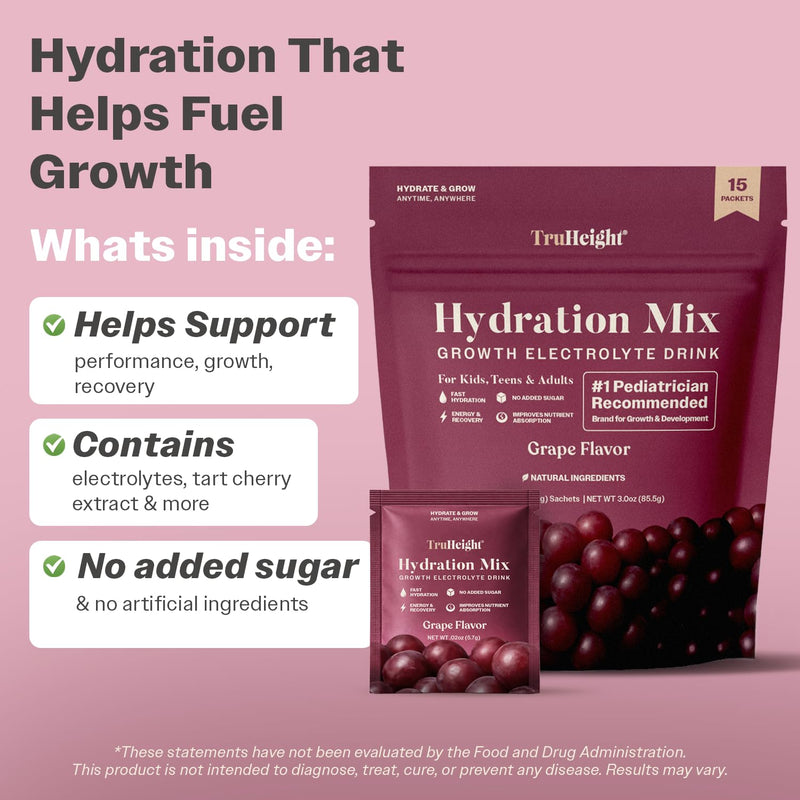 TruHeight Hydration Packets (Grape) Kids, Teens & Adults Fast Hydration, Energy & Recovery - Dehydration Relief Electrolytes Powder Packets for Athletes - Sugar Free, Zero Calorie, Non-GMO, Vegan