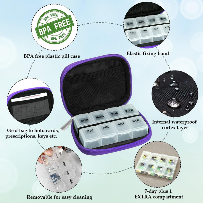 Serfeymi Weekly Travel Pill Organizer Pill Case for Purse with Removable 7 Day Pill Box, Fashionable Travel Medicine Organizer Pill Container for Medicine, Vitamin, Supplement - Bloom 01 + Purple 01 2 Cases + 2 Boxes C. Bloom 01 + Purple 01