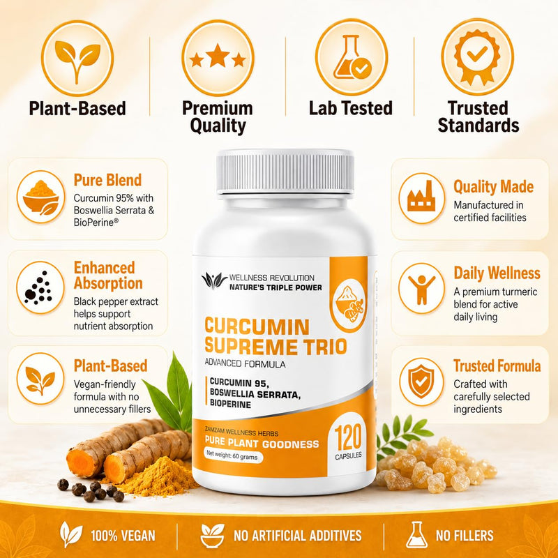 Curcumin Supreme Trio with 95% Curcumin, Boswellia Serrata & BioPerine® | Natural Joint, Mobility & Immune Support | Anti-Inflammatory Turmeric Supplement | 120 Vegan Capsules
