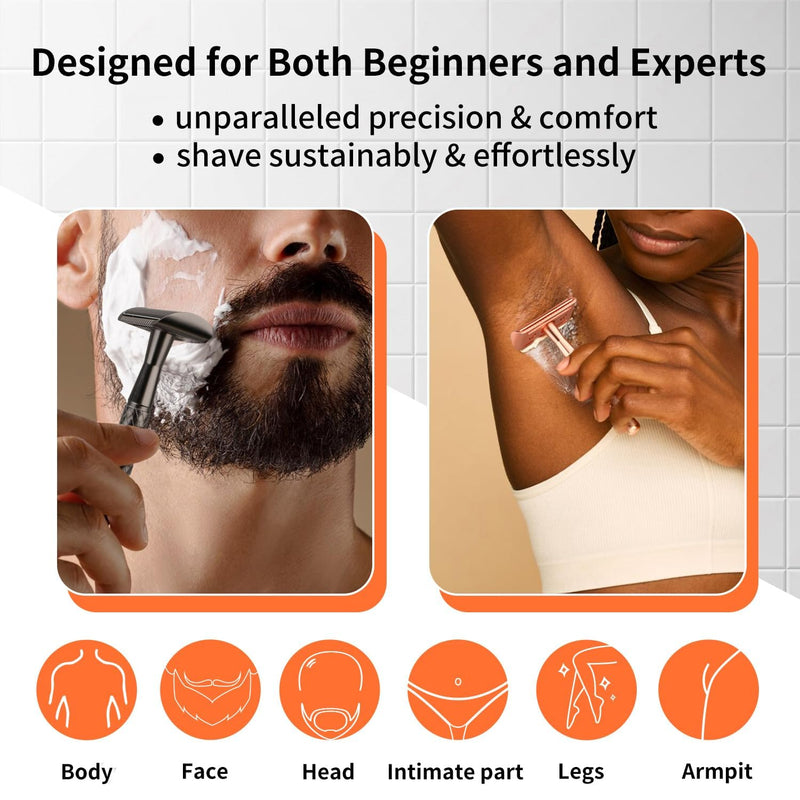 Rose Gold Safety Razor with Stand - Single Blade Razors for Women - Reusable Metal Razor, with 10 Double Edge Blades, Smooth & Close Shave Rose Gold Razor with Stand