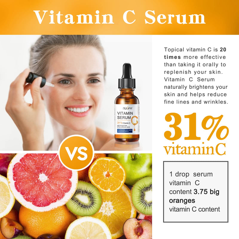 Organic Vitamin C Serum for Face 31% Vitamin C Facial Serum Anti Aging Serum Reduces Age Spots, Face Dark Spots, Sun Damage, Skin Brightening Facial Serums with Hyaluronic Acid and Astaxanthin 1.02 Fl Oz (Pack of 1)