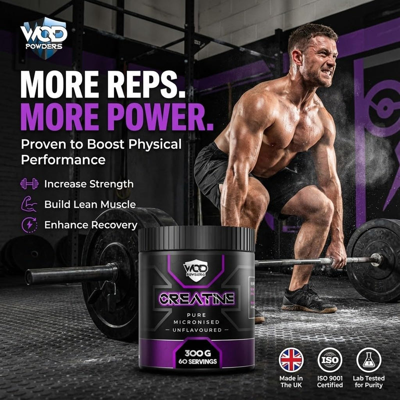 Creatine Monohydrate Powder 300g – Micronised Creatine | Proven to Improve Physical Performance and Recovery | Suitable for Vegans, Unflavoured, Scoop Included - Made in The UK by WOD Powders