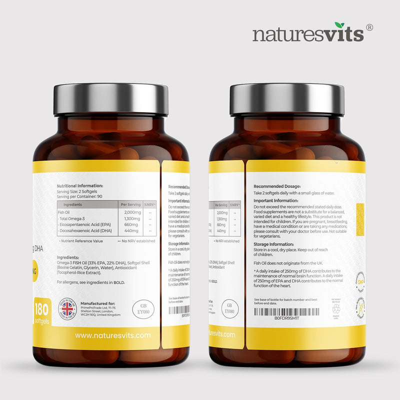 Omega 3 Capsules High Strength, 90 Serves - 660mg EPA and 440mg DHA - Fish Oil Supplements and Fatty Acids for Heart and Eye Health