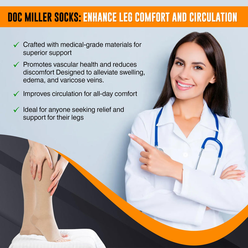 [Australia] - Doc Miller Open Toe Compression Socks for Men and Women, 15-20 mmHg, Calf Support Sleeves, Recovery Stockings, Wide Calf, Toeless Design, 1 Pair Medium Beige 