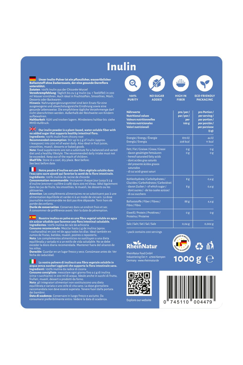 [Australia] - RheinNatur Inulin powder 1 kg - 100% inulin from chicory root - Vegetable fiber - Supports healthy intestinal flora - 1000 g bag 