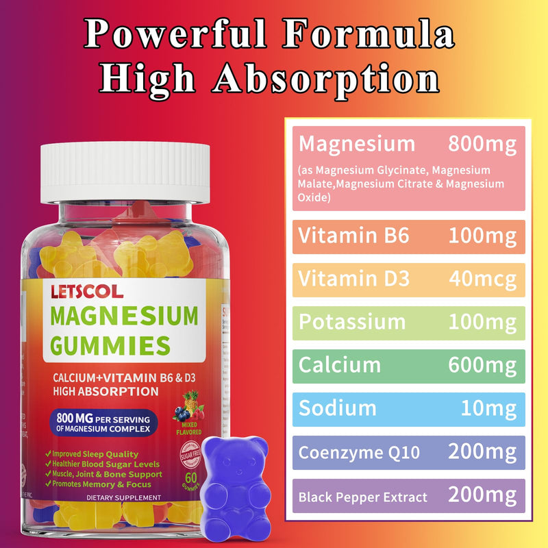 Magnesium Glycinate Gummies, Sugar Free Magnesium Supplement with Magnesium Malate, Calcium, Vitamin D3, B6, CoQ10 for Calm Support & Sleep for Adults Kids Mixed Fruit 60 Count (Pack of 1)