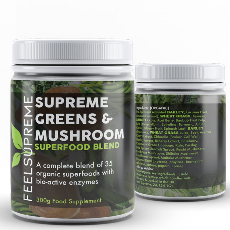 Super Greens Powder with Mushroom - 35 Nutrient Dense Organic Superfoods, no Added Sugar - High in Fibre, Protein, Vitamin C, Spirulina - Greens Supplement, Mushroom Powder - 300g