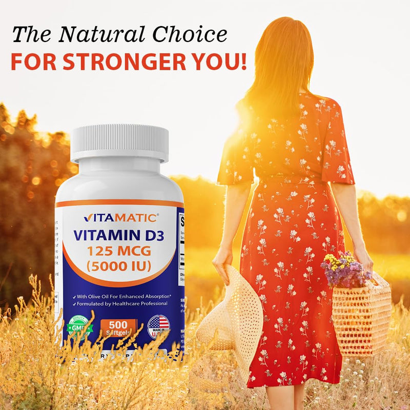 Vitamatic Vitamin D3 5000 IU (125 mcg), 500 Softgels, Made in USA | Olive Oil-Based Formula, Cold Pressed, 500 Day Supply, Support Immune Health*, Non GMO, Gluten Free 500 Count (Pack of 1)