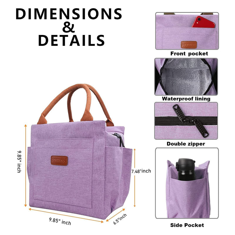 [Australia] - Joymee Lunch Bag Women Insulated Lunch Box Reusable Leakproof Large Spacious Cooler Tote for Women Men Adult with Bottle Holder and Side Pockets for Work Office Travel Picnic - Purple 