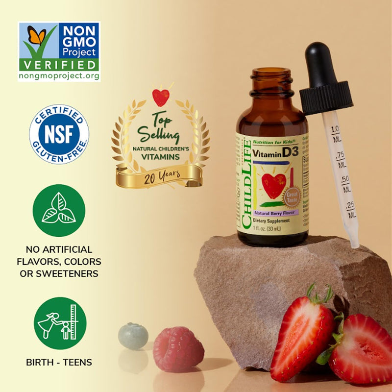 CHILDLIFE ESSENTIALS Baby Vitamin D3 Drops, Berry, 1 Fl Oz (Pack of 1) | Infants, Children, Toddlers, Vitamin D Drops, 500 IU per Serving, Immune & Bone Health Support, Natural Berry Flavor 1 Fl Oz (Pack of 1)