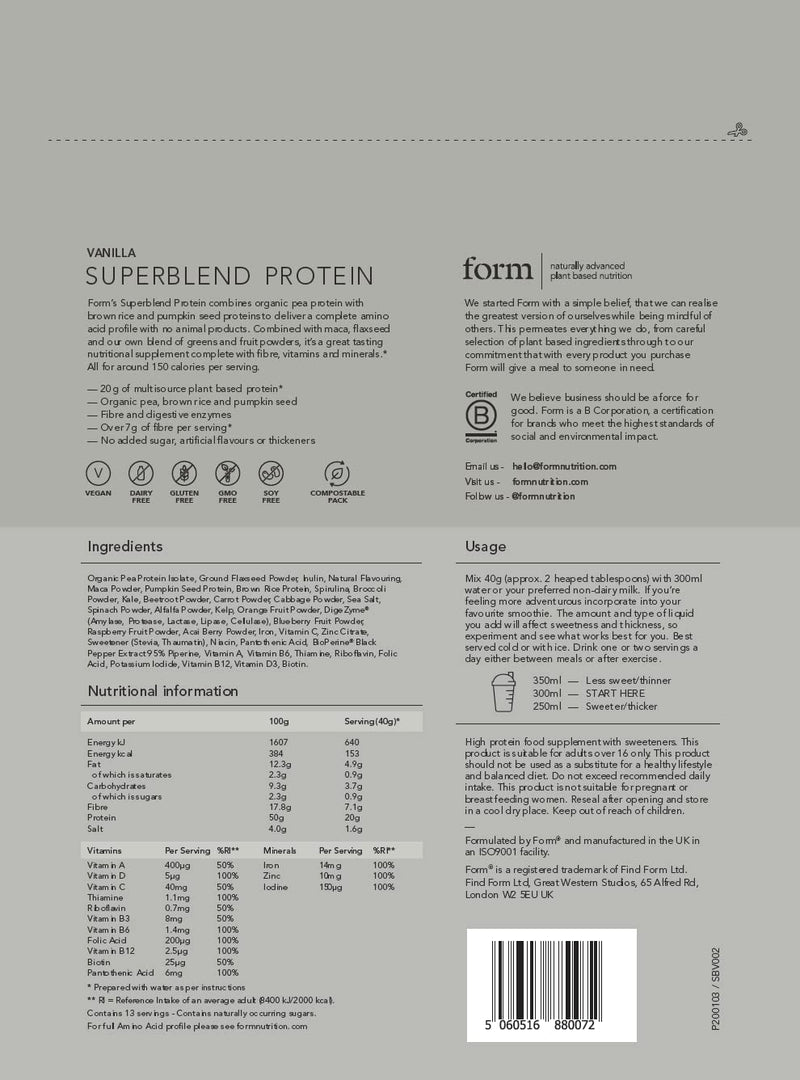 Form Superblend - Vegan Protein Powder, 20g Plant Protein (Vanilla) Vanilla 13 Servings (Pack of 1)