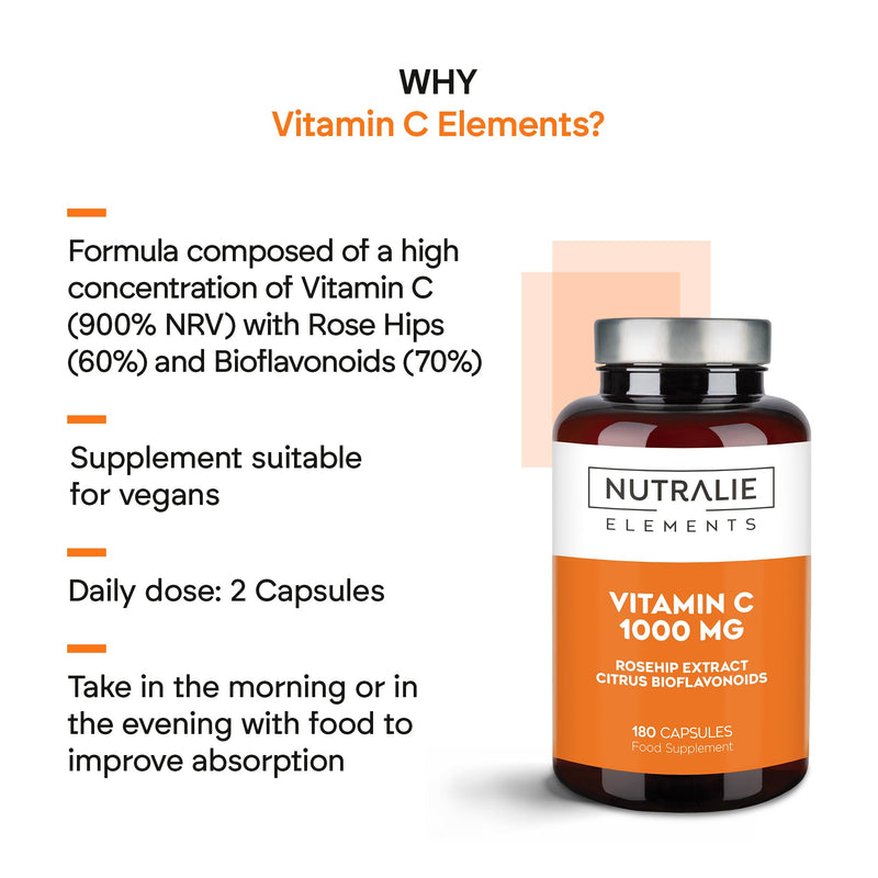 Vitamin C 1000 mg with Rosehip + Ascorbic Acid + Bioflavonoids - 180 Capsules Nutralie
