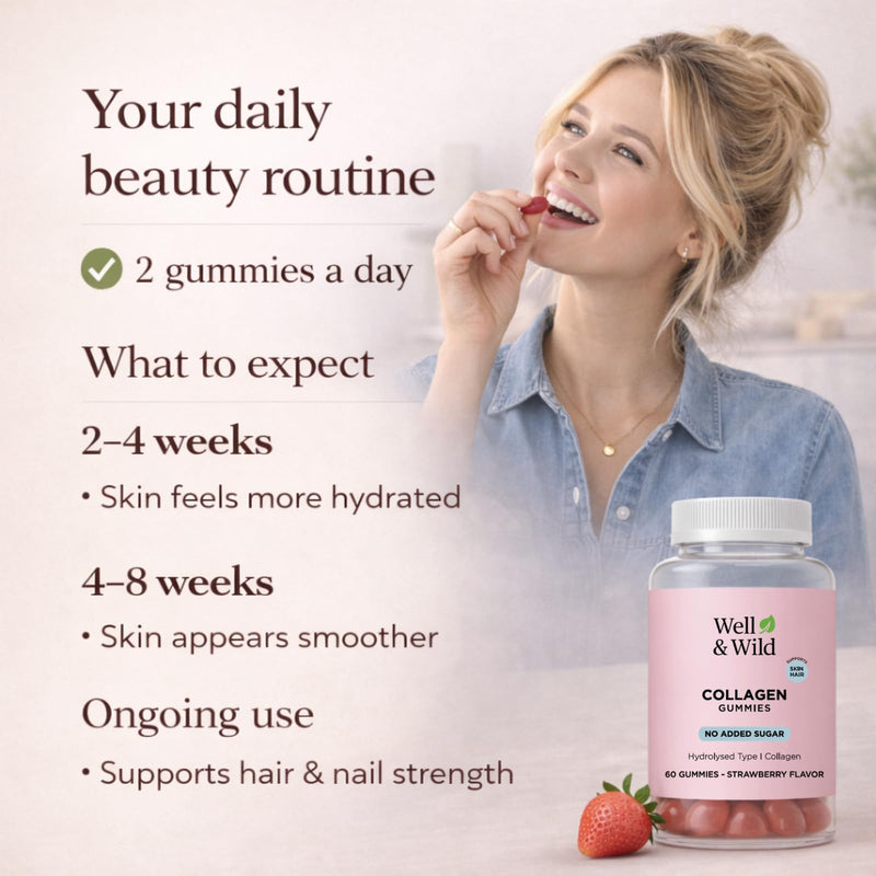 Well & Wild Collagen Gummies with Vitamin C – Marine Collagen Supplement for Skin & Hair Support – No Added Sugar – Strawberry Flavour – 60 Gummies (30 Day Supply)