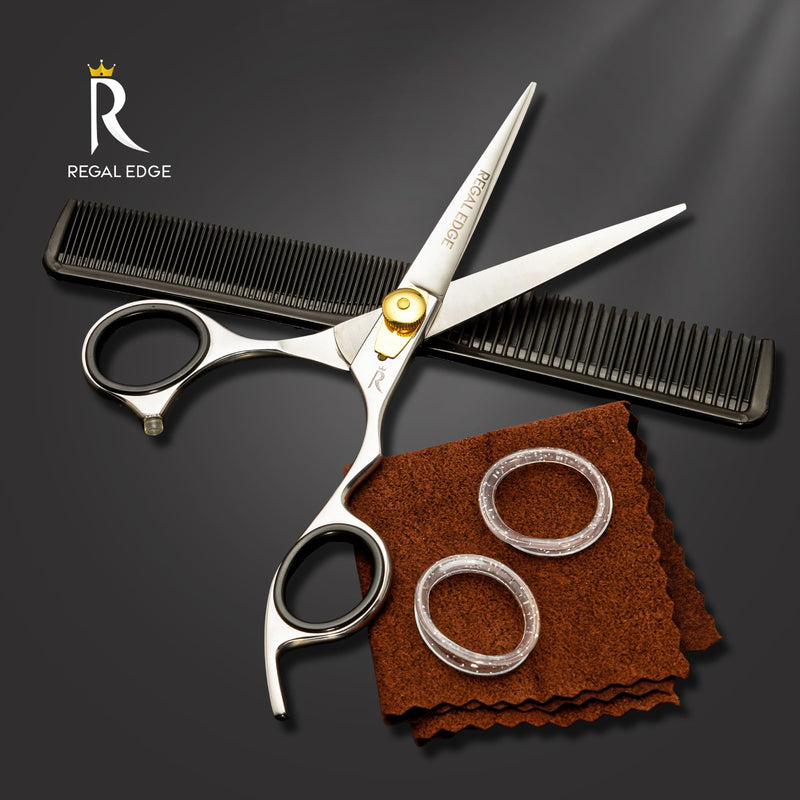 Hair Cutting Scissors - 6.5” Japanese Stainless Steel Professional Hair Scissors - Razor Edge Barber Scissors with Golden Tension Screw, Comb and Cloth - Hair Shears For Man Woman Adults Kids Babies