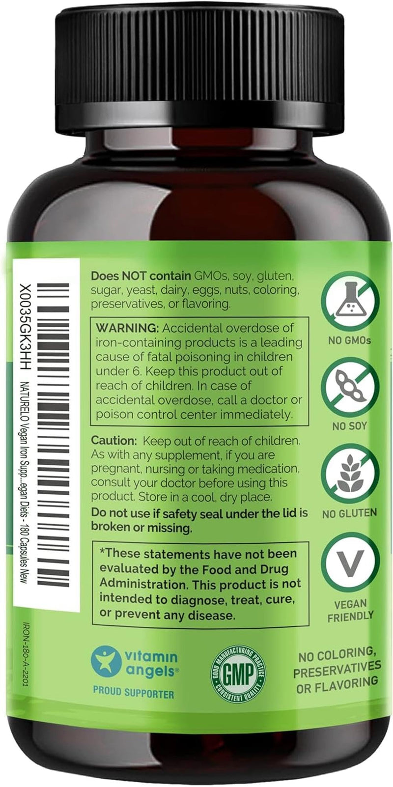 Iron Supplement Bisglycinate 25mg + Vitamin C | 180 Mini Vegan Capsules (6 Month Supply) | Gentle Iron for Women & Daily Use | Vegan Iron Capsules with Whole Food Blend | NATURELO 180 count (Pack of 1)