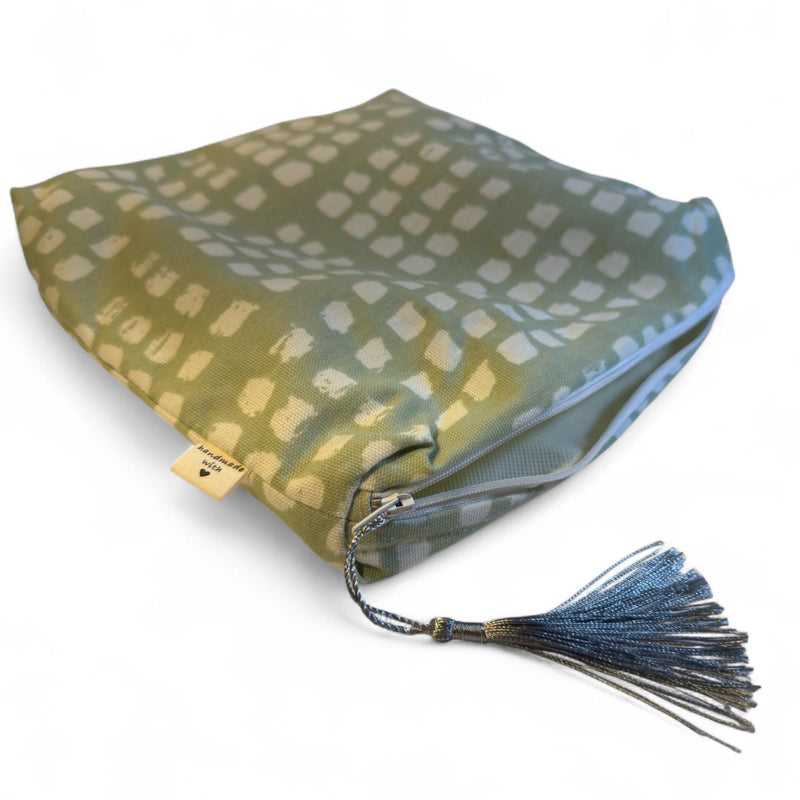 Handmade Canvas Cosmetic Bag with Tassel, Abstract Green Dot Pattern, 9.5 x 8.5 x 2.5 inches