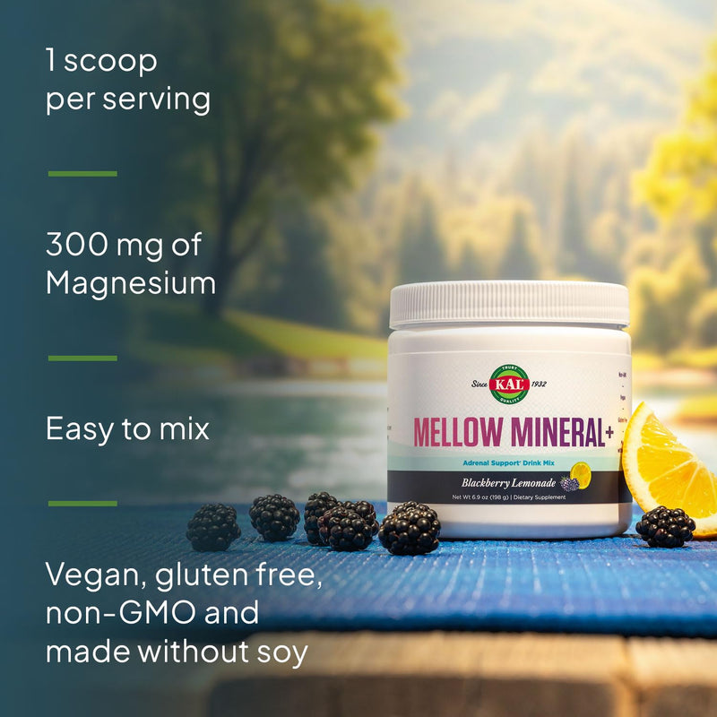 KAL Mellow Mineral Plus Powder Drink Mix - Blackberry Lemonade Flavor - Magnesium, Holy Basil, Essential Minerals and More - Adrenal Support Supplements - Vegan, 60-Day Guarantee - 30 Servings, 6.9 OZ
