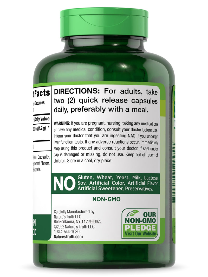 [Australia] - Nature's Truth NAC Supplement | N-Acetyl Cysteine | 1,200mg | 200 Capsules | Free Form Amino Acid | Non-GMO & Gluten Free Supplement 
