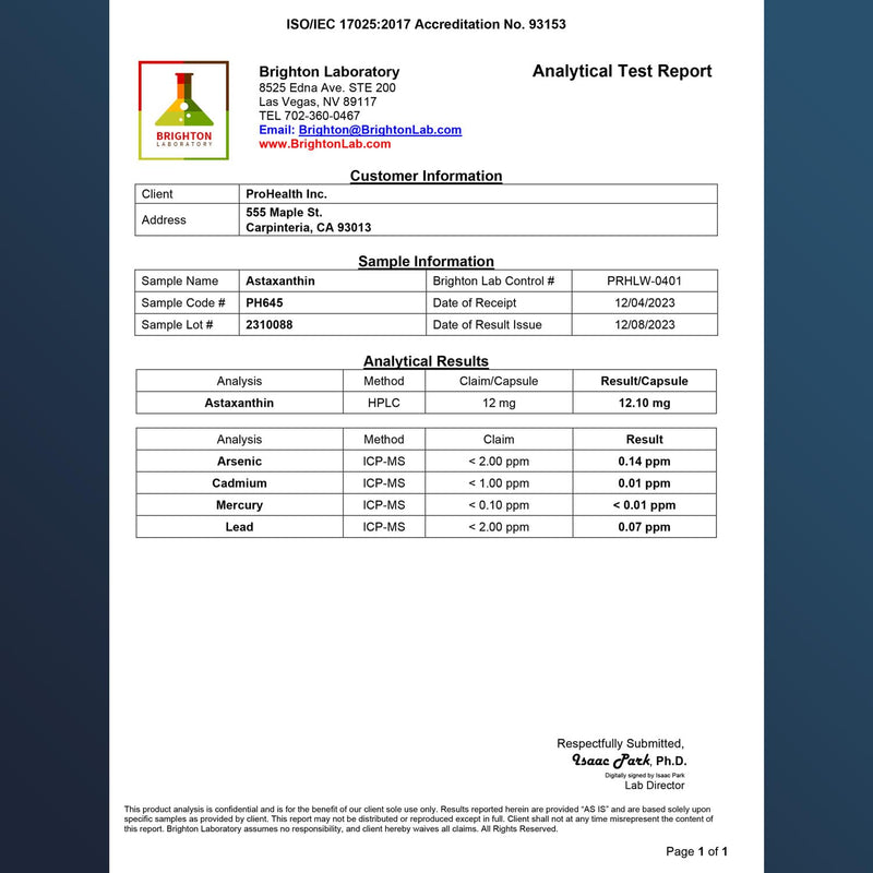 ProHealth Astaxanthin. Powerful Antioxidant for Immunity, Metabolism, and Cellular Longevity. Supports Joint and Eye Health. Enhances Heart and Brain Function. 12 mg per Serving, 30 Caps
