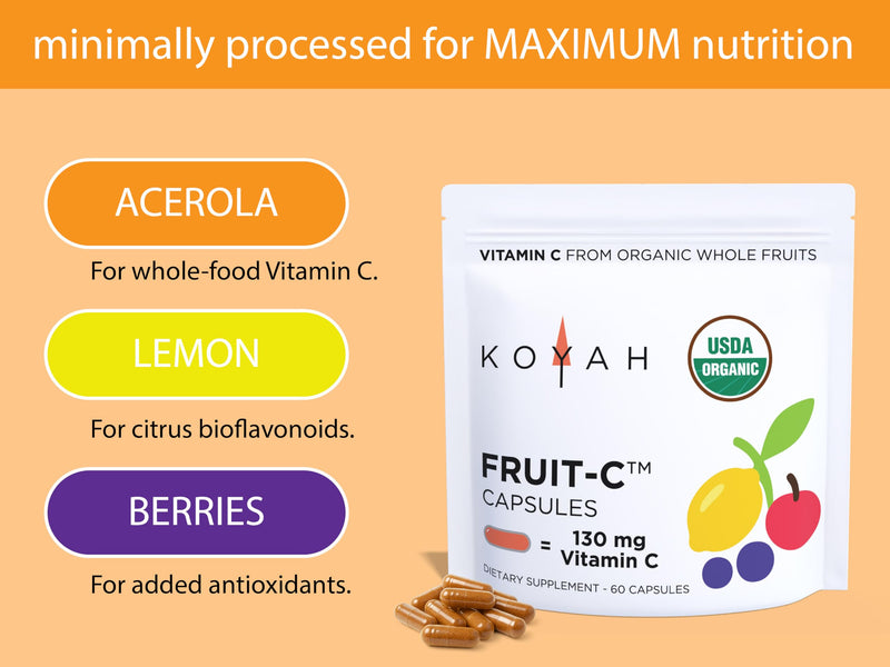 Fruit-C Whole Food Vitamin C Capsules from Organic Fruit, 60 Count | 130 mg Vitamin C per Capsule from 7 Freeze-dried Fruits - Acerola, Wild Blueberry, Acai & More. No Synthetic Ascorbic Acid