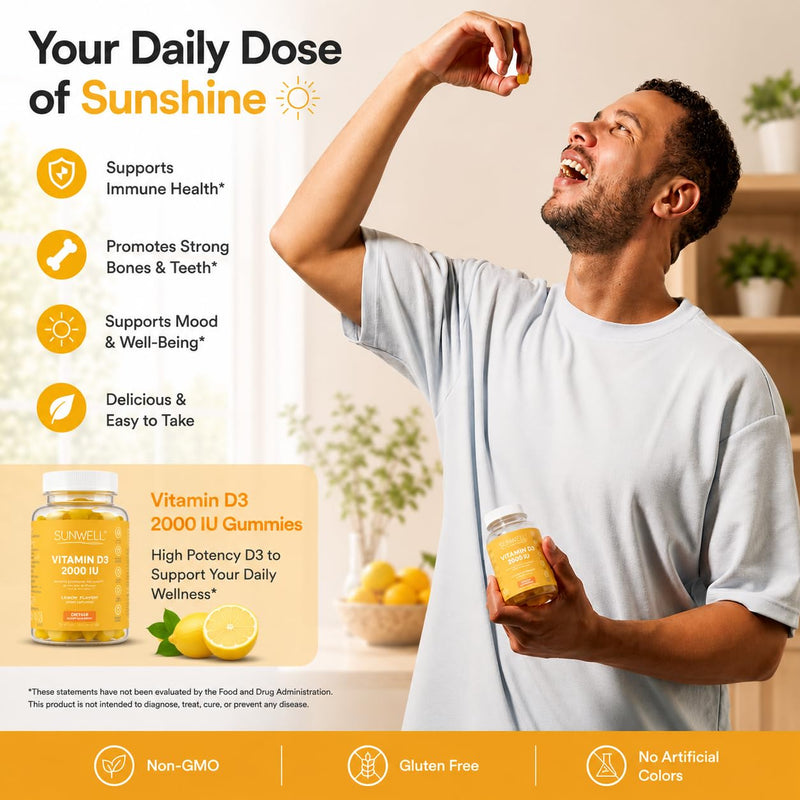 Sunvit-D3 Lemon Vitamin D3 Gummies 2000IU - Vitamin d for Adults & Menopausal Women | Alleviating Back & Muscle Discomfort | Chewable Vitamin D Gummies Suitable for Ages 11 & Above