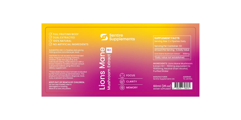 Sentire Lions Mane Mushroom Extract Liquid Supplement, 60ml - 10:1 Dual Extract Pure Fruiting Body - High Strength 1500mg Per Serving - Focus, Memory & Clarity Support Dropper